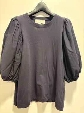 AVN Navy Puff Sleeve Cotton Top